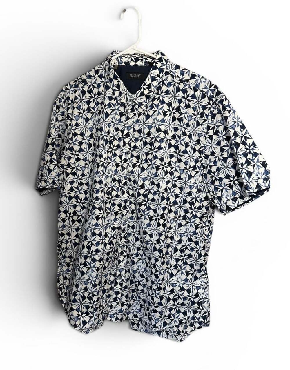 7 Diamonds Premium Men’s 3XL Button Up Shirt Blue White Geometric Short Sleeve